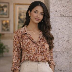 Inner Circle Women's 70s Retro Paisley Button Down Shirt Size Large